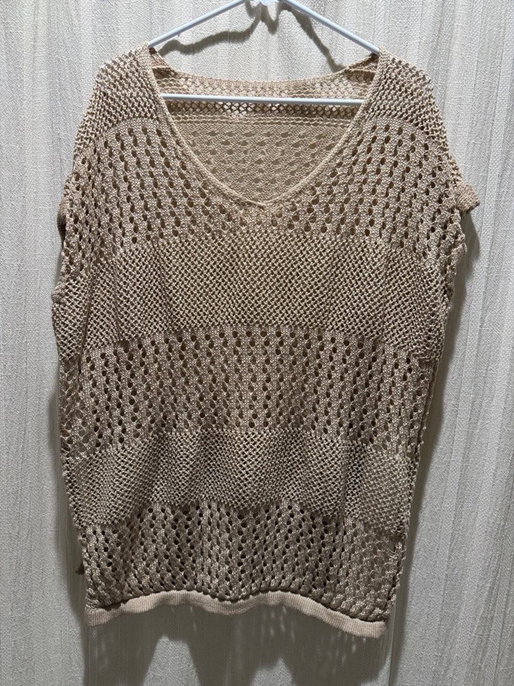 Beige Open-Knit V-Neck Women's Sweater